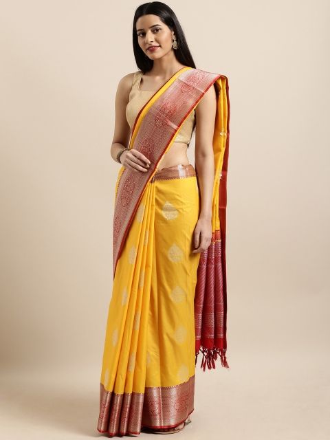 

Varkala Silk Sarees Yellow & Red Silk Blend Woven Design Kanjeevaram Saree