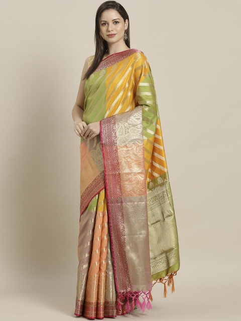 

Varkala Silk Sarees Green & Mustard Yellow Silk Blend Colourblocked Kanjeevaram Saree
