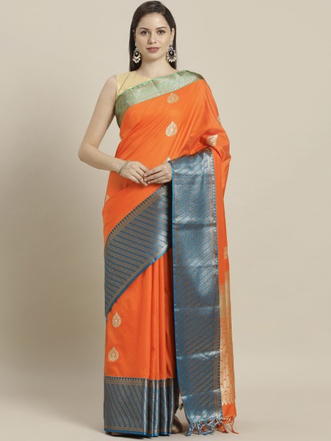 

Varkala Silk Sarees Orange & Blue Silk Blend Woven Design Kanjeevaram Saree