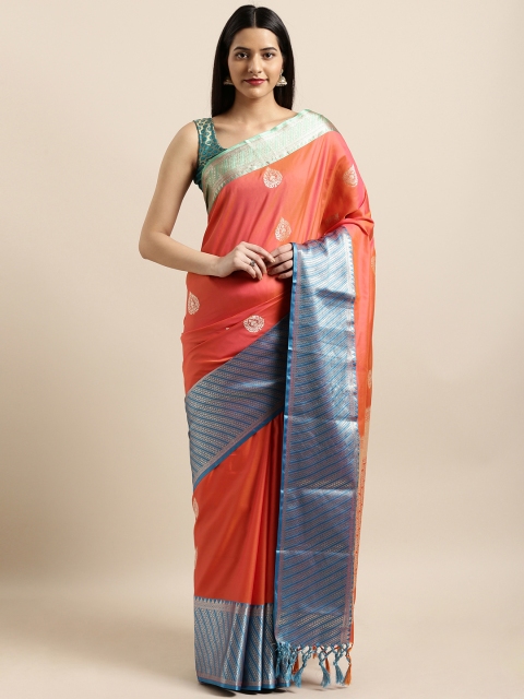 

Varkala Silk Sarees Coral Pink & Blue Silk Blend Embellished Kanjeevaram Saree, Red