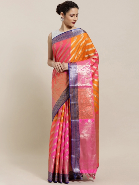 

Varkala Silk Sarees Pink & Coral Silk Blend Woven Design Kanjeevaram Saree