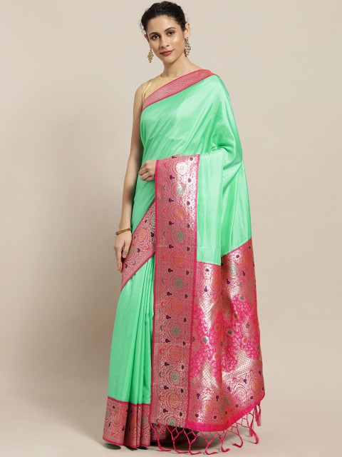 

Varkala Silk Sarees Green & Pink Silk Blend Solid Banarasi Saree
