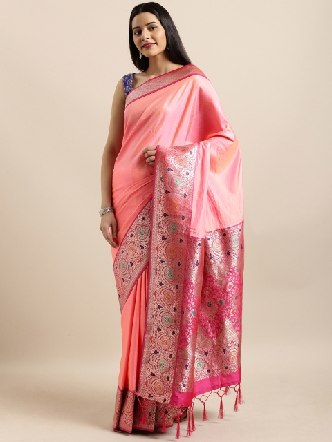 

Varkala Silk Sarees Peach-Coloured & Pink Silk Blend Solid Banarasi Saree