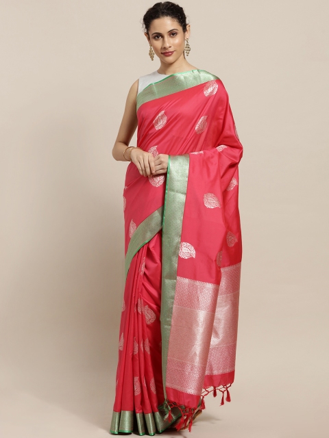 

Varkala Silk Sarees Coral Pink & Green Silk Blend Woven Design Kanjeevaram Saree