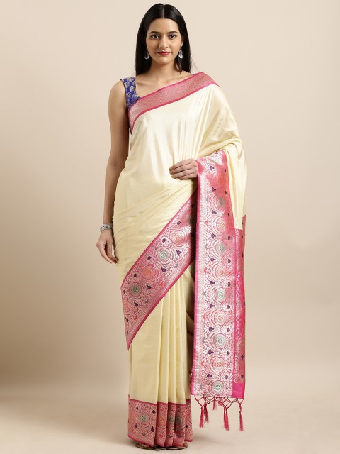 

Varkala Silk Sarees Cream-Coloured & Pink Silk Blend Solid Banarasi Saree