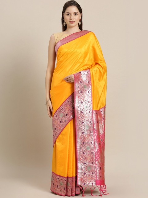 

Varkala Silk Sarees Mustard Yellow & Pink Silk Blend Solid Banarasi Saree