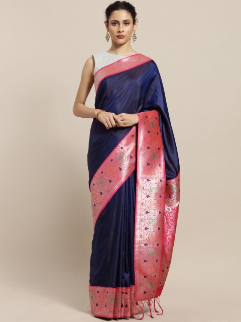 

Varkala Silk Sarees Navy Blue & Pink Silk Blend Solid Banarasi Saree