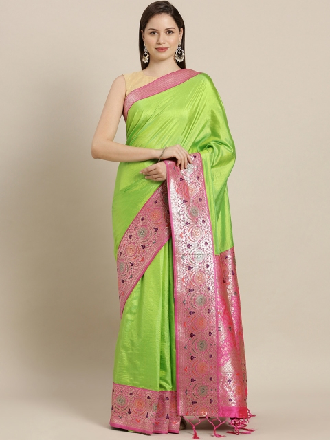 

Varkala Silk Sarees Green & Pink Silk Blend Solid Banarasi Saree