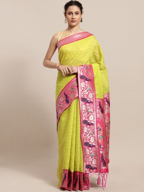 

Varkala Silk Sarees Fluorescent Green & Pink Silk Cotton Woven Design Saree