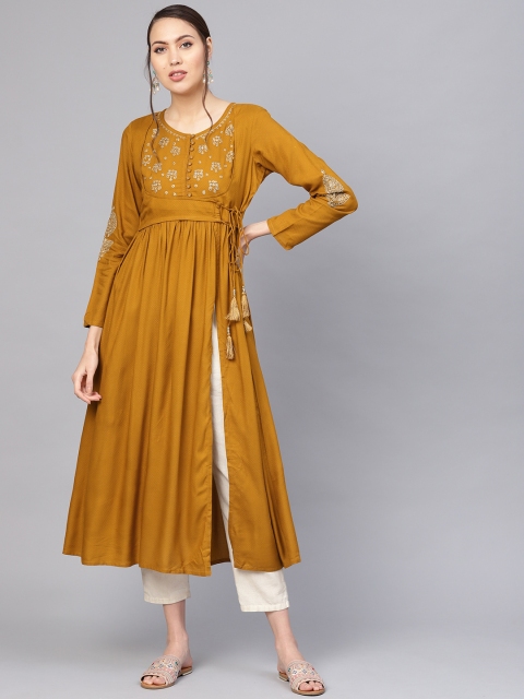 

Varanga Women Mustard Brown Woven Design A-Line Kurta