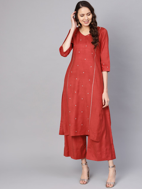 

Varanga Women Rust Red Embroidered Kurta with Palazzos
