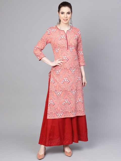 

Varanga Women Peach-Coloured & Off-White Printed Straight Kurta