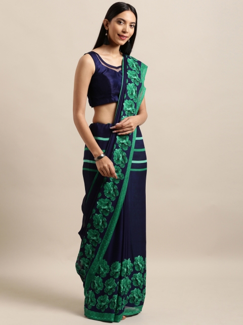 

Satrani Navy Blue & Green Poly Georgette Solid Saree