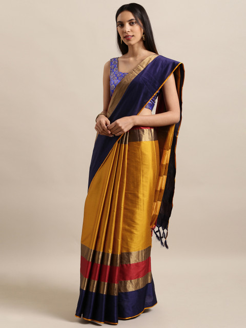 

Satrani Mustard Yellow Art Silk Solid Maheshwari Saree