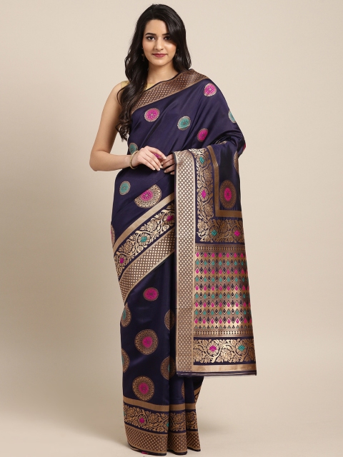 

Satrani Navy Blue & Gold-Toned Silk Blend Woven Design Banarasi Saree