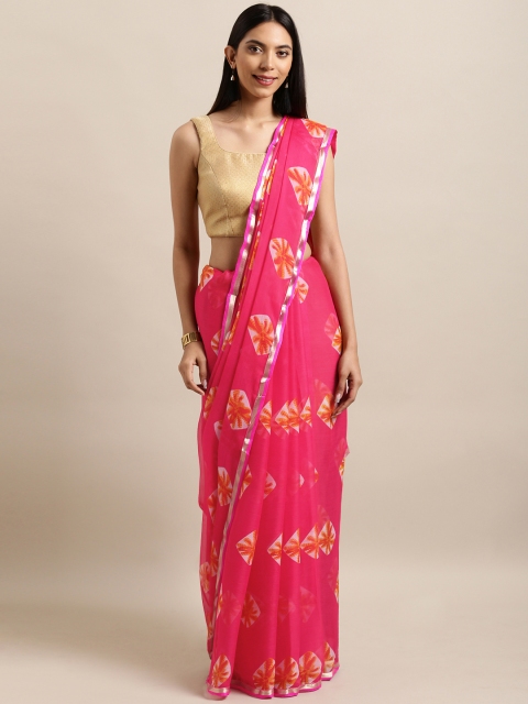 

Satrani Pink Poly Chiffon Printed Bandhani Saree