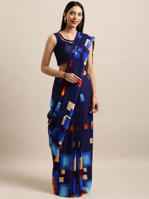 

Satrani Navy Blue & Rust Orange Poly Georgette Printed Saree