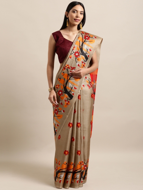 

Satrani Beige & Red Art Silk Printed Saree