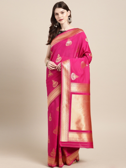 

Satrani Pink & Golden Silk Blend Woven Design Banarasi Saree