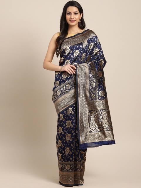 

Satrani Navy Blue & Gold-Toned Silk Blend Woven Design Banarasi Saree