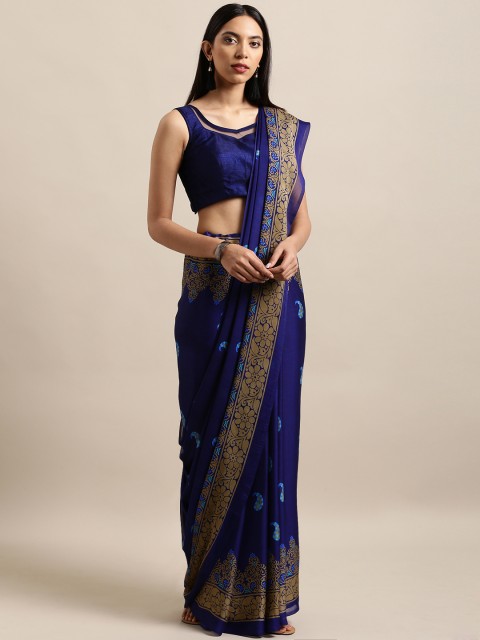

Satrani Navy Blue Printed Poly Georgette Saree