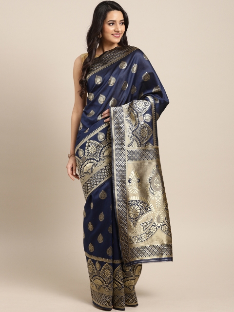 

Satrani Navy Blue & Golden Silk Blend Woven Design Banarasi Saree