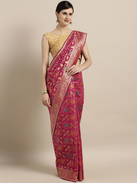 

Satrani Pink & Gold-Coloured Silk Blend Woven Design Banarasi Saree