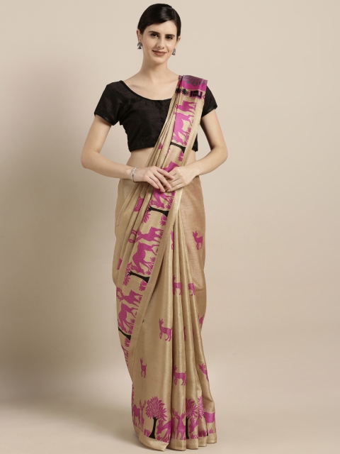 KALINI Beige & Pink Art Silk Printed Saree