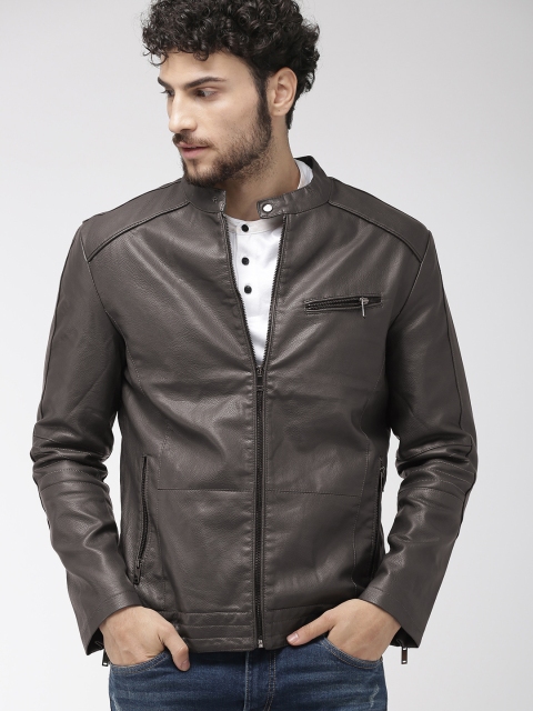 

The Indian Garage Co Men Charcoal Grey Solid Biker Jacket
