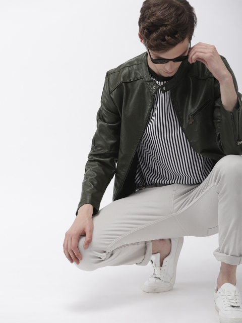 

The Indian Garage Co Men Dark Olive Green Solid Biker Jacket