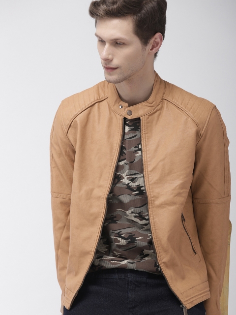 

The Indian Garage Co Men Beige Solid Biker Jacket