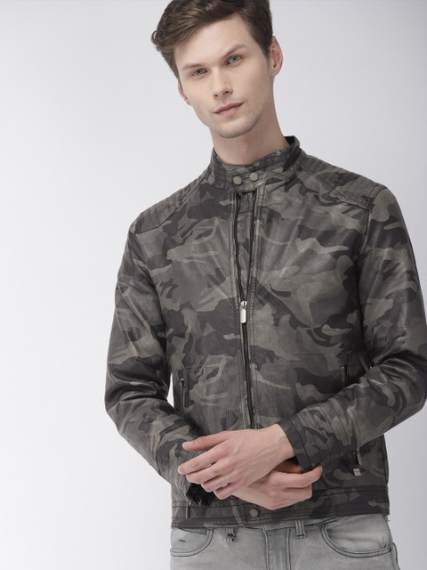 

The Indian Garage Co Men Grey Printed Camouflage Biker Jacket