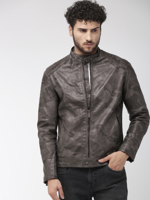 

The Indian Garage Co Men Grey Camouflage Print Biker Jacket