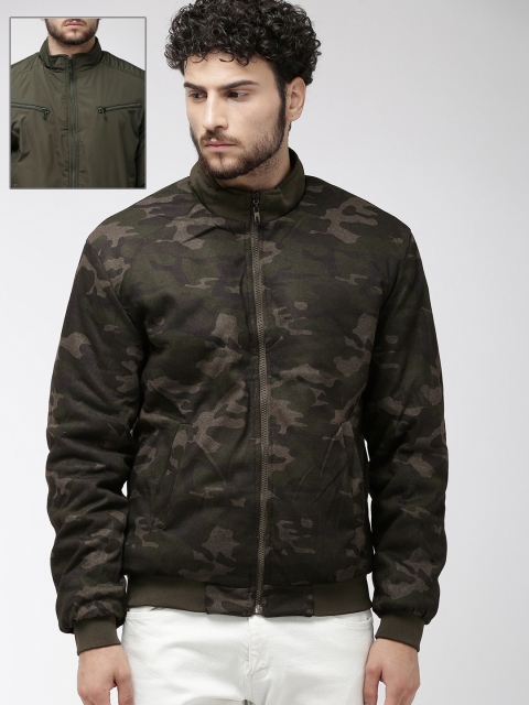 

The Indian Garage Co Men Olive Green Reversible Bomber Jacket