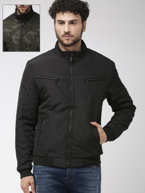 

The Indian Garage Co Men Olive Green Solid & Camo Printed Reversible Bomber Jacket, Black