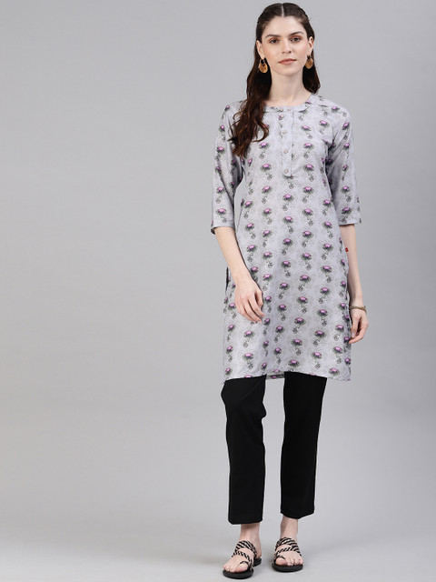 

Alena Women Grey & Purple Floral Printed Straight Kurta