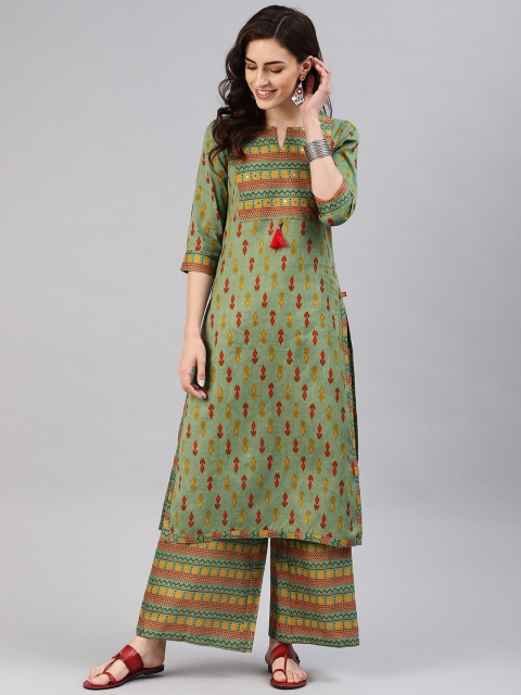 

Alena Women Olive Green & Red Printed Yoke Design Detail Kurta with Palazzos
