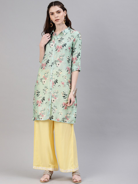 

Alena Women Green & Pink Printed Straight Kurta