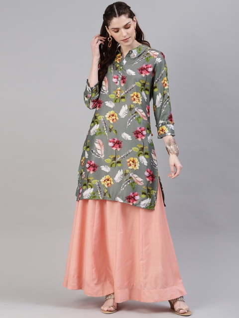 

Alena Women Grey & Pink Floral Printed A-Line Kurta