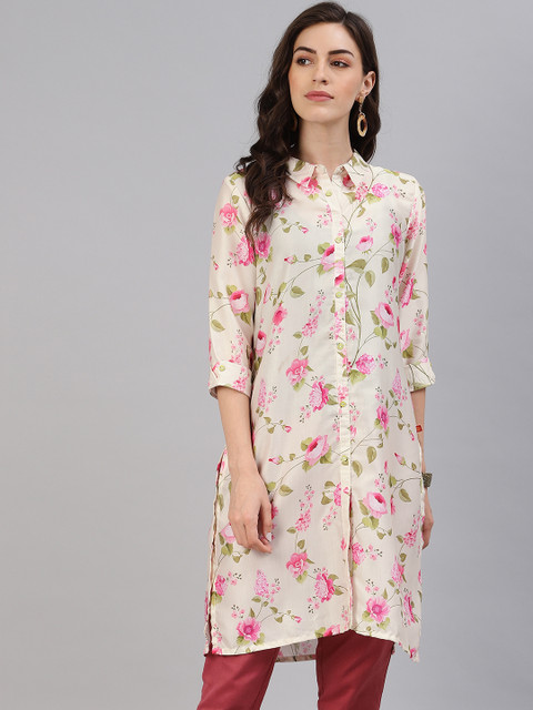 

Alena Women Cream-Coloured & Pink Floral Printed Fusion Straight Kurta