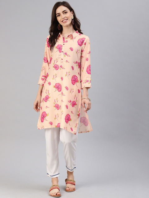 

Alena Women Cream-Coloured & Pink Printed Straight Kurta