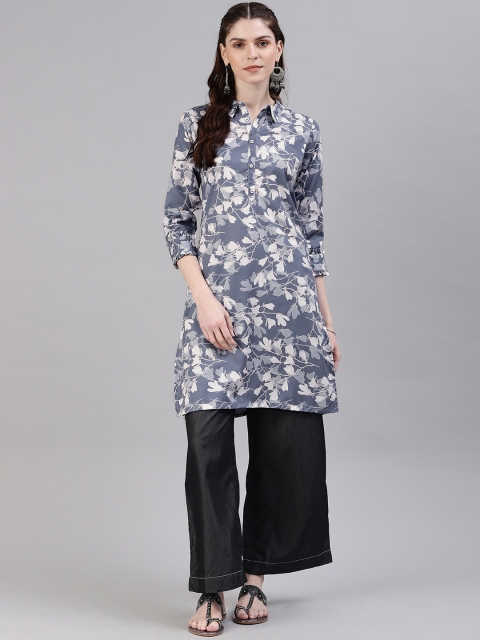 

Alena Women Steal Grey Printed Shirt Collar Straight Kurta