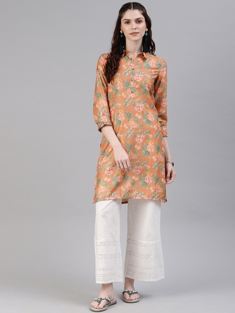 

Alena Women Orange Floral Printed Shirt Collar Straight Kurta