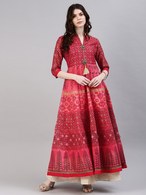 

Alena Women Coral Pink & Red Printed A-Line Kurta
