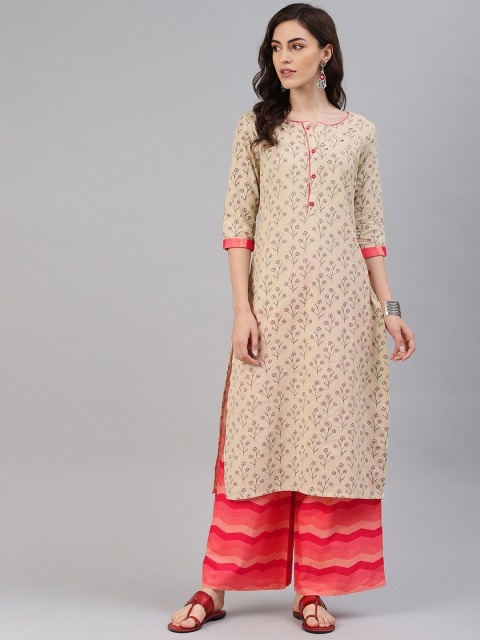 

Alena Women Cream-Coloured & Coral Pink Printed Kurta with Palazzos