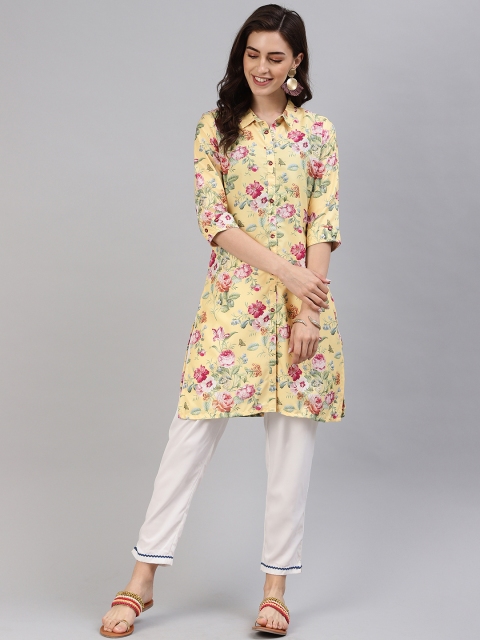 

Alena Women Yellow & Green Floral Printed Straight Kurta