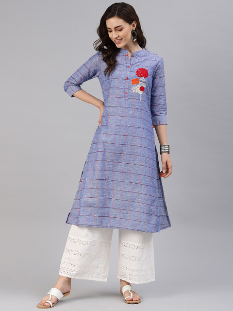 

Alena Women Blue & Red Checked Embroidered Detail A-Line Kurta