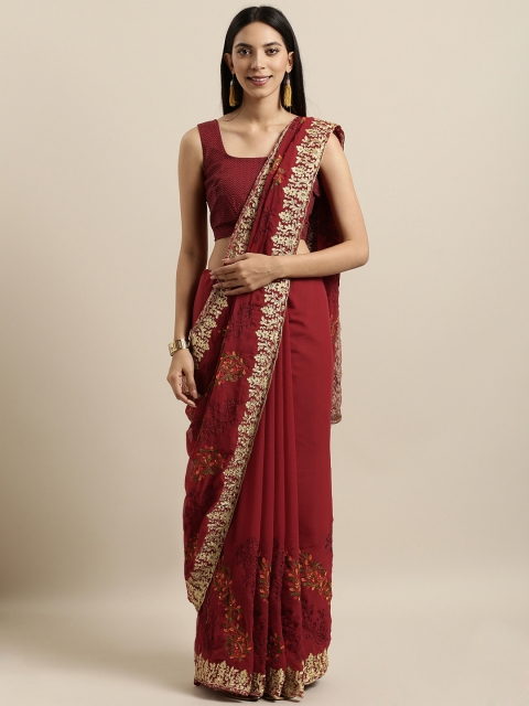 

Kalista Maroon & Gold-Toned Poly Georgette Embroidered Saree