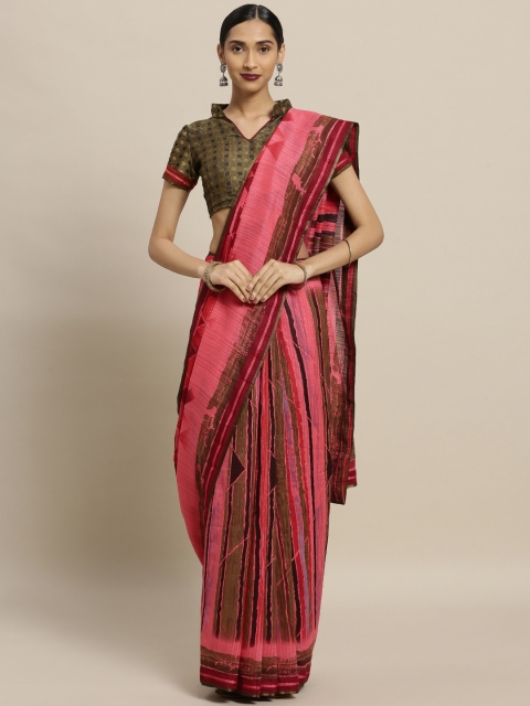 

Shaily Pink & Olive Green Striped Polycotton Saree