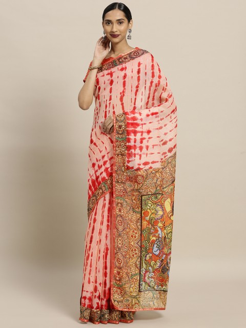 

Shaily Peach-Coloured & Red Polycotton Printed Saree